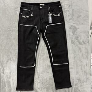 Almost Someday Belfort Straight Leg Denim Jeans Black Pearl Rivet Rope Trim 42
